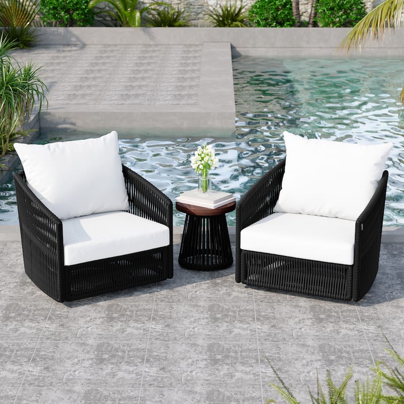 3 Piece Patio Woven Rope Swivel Chair Seating Group with Cushions - Black