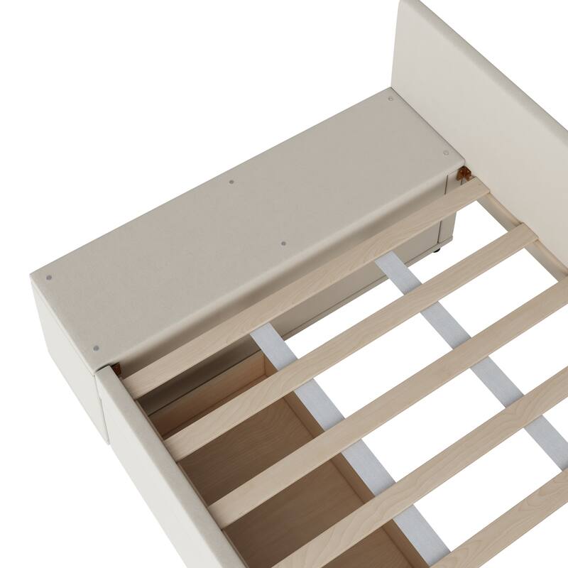 L-Shaped Twin Size Upholstered Platform Bed with Storage Drawers, Beige