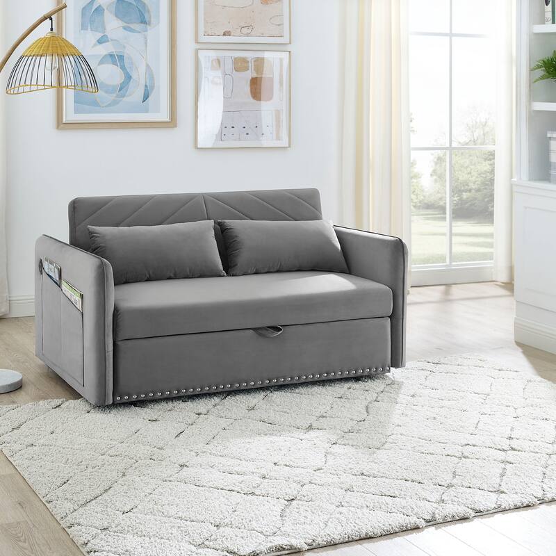 Anmytek 3-in-1 Soft Velvet Convertible Sleeper Sofa Bed With USB Port 2 Lumbar Pillows & Side Pocket