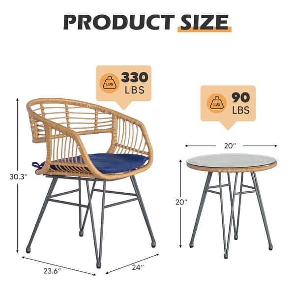 dimension image slide 4 of 5, 3 Piece Outdoor Wicker Furniture Patio Bistro Set With Cushions for Porch Poolside Garden - 21.2"L x 23.6"W x 31.5"H
