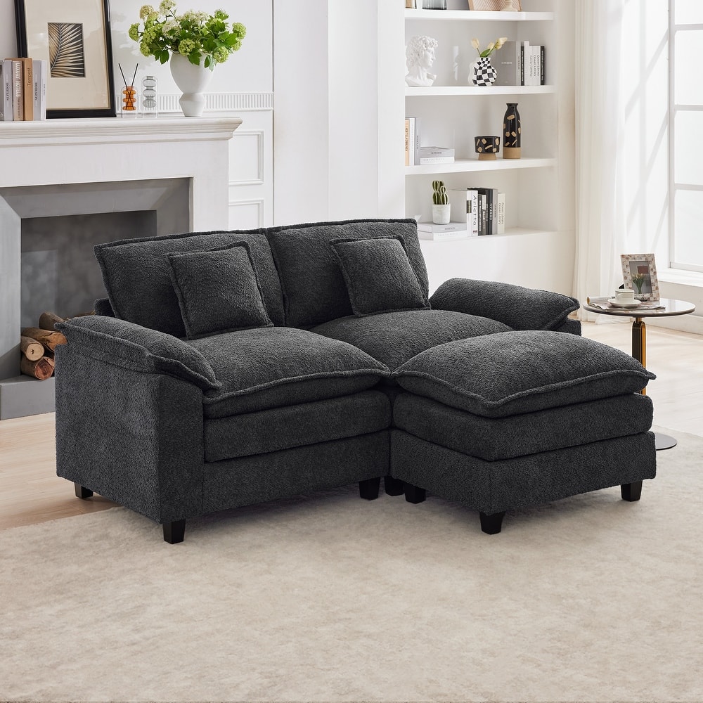 78" Comfy Cloud Couch Sectional Loveseat Boucle Sofa With Ottoman and Wide Armrests