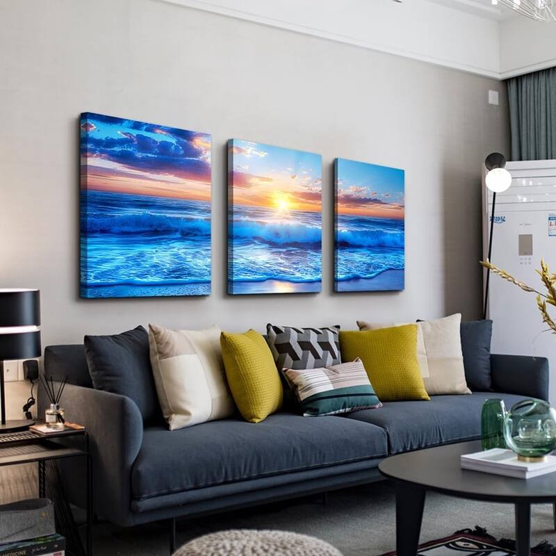 Blue Beach Sea Wave Paintings Sunrise Seascape Wall Pictures