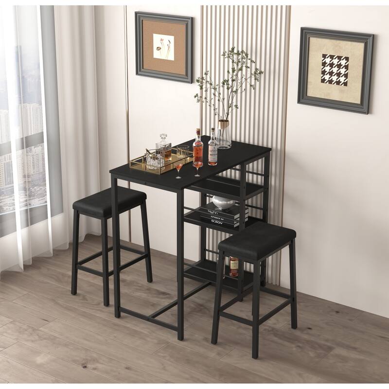 3-Piece Counter Height Dining Set with Storage Shelves, Minimalist Bar Table Set Padded Seat with Metal Frame