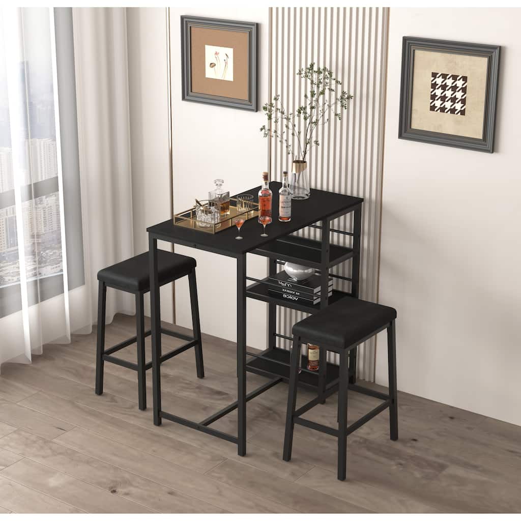 Dining Table Set for 2 with 3 Large Storage Shelves, Kitchen Stools Upholstered PU Leather, 3 Piece Dinette for Small Space
