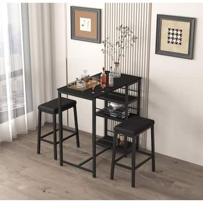 Dining Table Set for 2 with 3 Large Storage Shelves, Kitchen Stools Upholstered PU Leather, 3 Piece