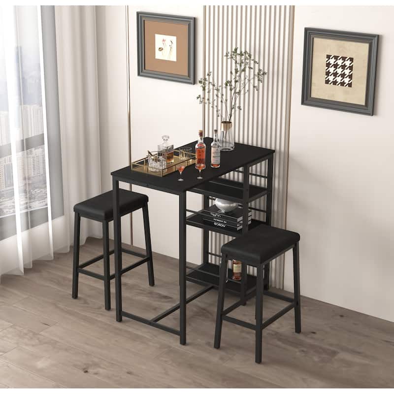 Metal Dining Table Set with 3 Large Storage Shelves and 2 Upholstered PU Leather Stools, Rectangular Dining Table Black - Black
