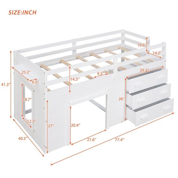 dimension image slide 1 of 2, Twin Size Loft Bed with Cabinet and Shelf, White