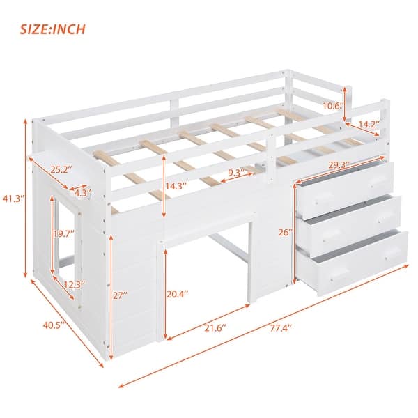 dimension image slide 5 of 6, Wood Loft Bed with Ladder, Drawers and Safe Guardrail, Maximized Storage Space, Twin Size