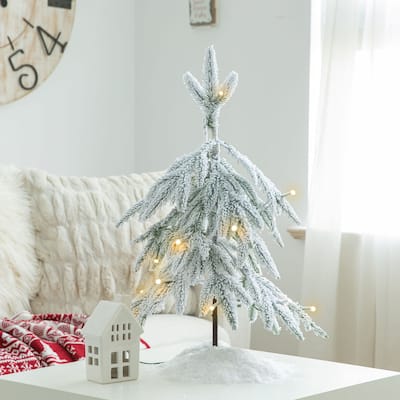 Glitzhome 2ft Pre-Lit Flocked Pine Artificial Christmas Tree With Lights and Timer