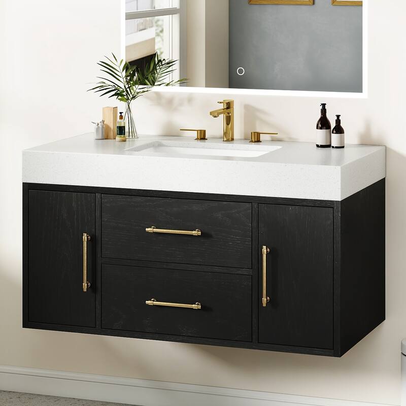 Moasis 40"/48" Wide Floating Wall Mounted Bathroom Vanity with 2 Drawers & 2 Storage Cabinet - 39.3 Inch - Black