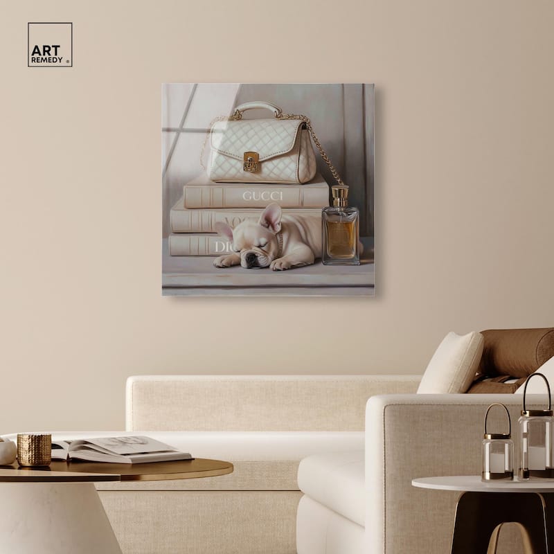 Ivory Books and Frenchie Acrylic by Art Remedy, Ready to Hang