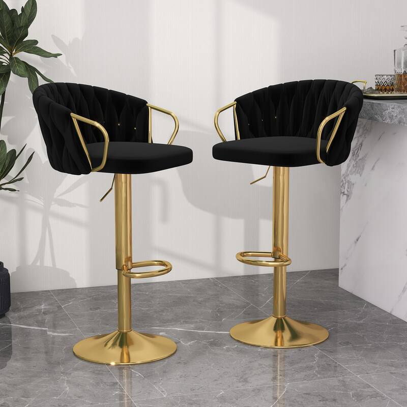 2 Set Counter Height Adjustable Velvet Bar Stools - Black 2Set
