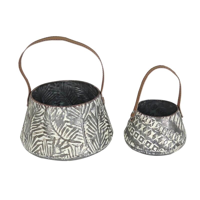 Foreside Home & Garden Set of 2 Rustic Whitewashed Pattern Galvanized Metal Decorative Storage Baskets With Faux Leather Handles
