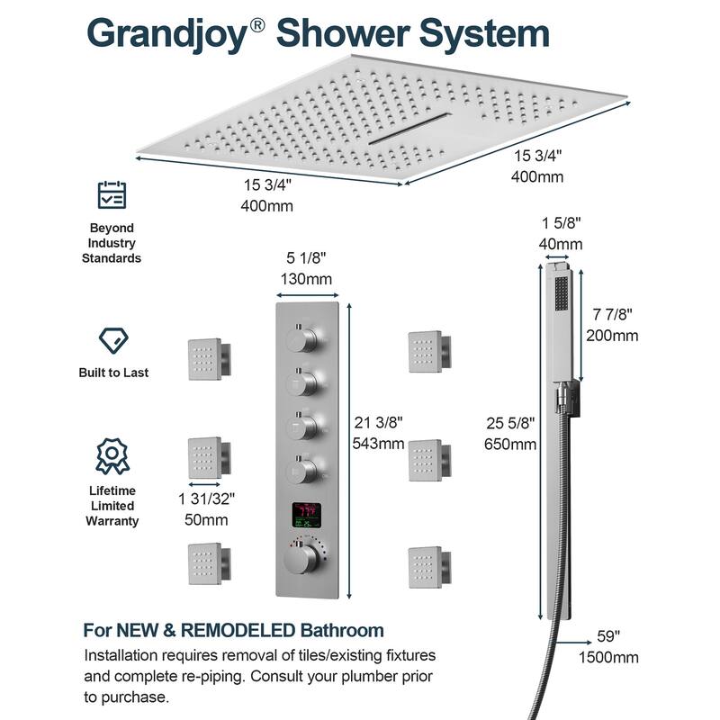 GRANDJOY Luxury LED 16" Ceiling Mount Shower Head Temperature Display Shower System with 6 Body Jets