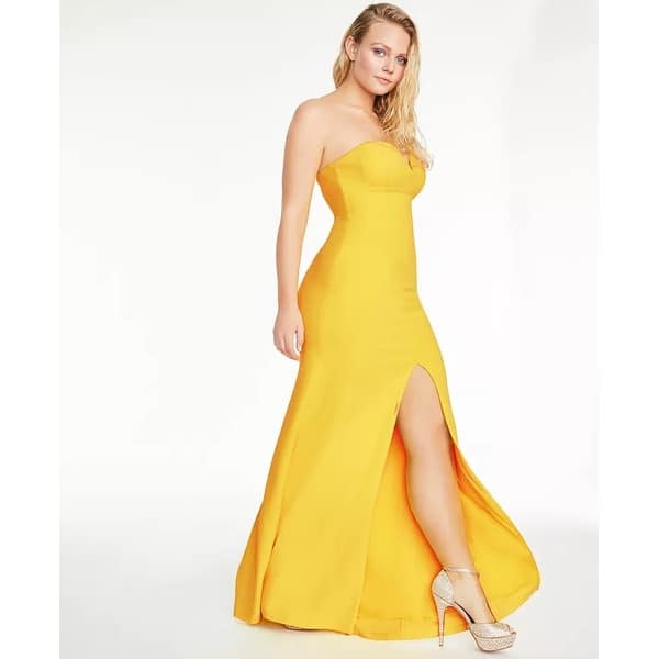 beaded bodice formal dress Yellow Satin Corset Prom Dress with Sweetheart Neckline, High Slit – SS097  – Viniodress main image 0