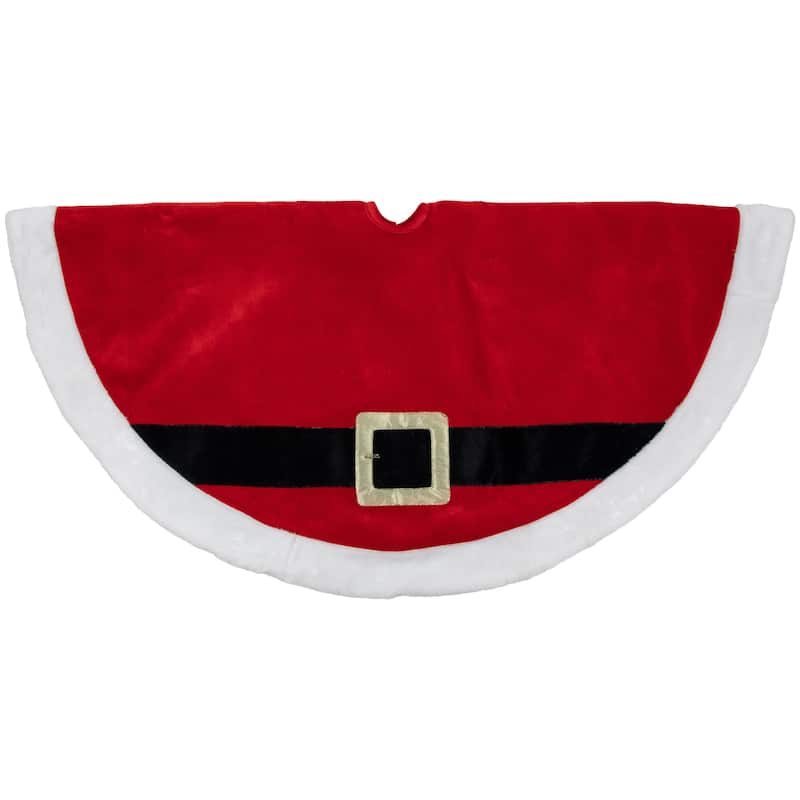 48" Red and White Velveteen Santa Claus Belt Buckle Christmas Tree Skirt - 48