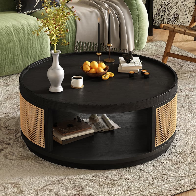 36.8" Wooden Mid-Century Modern Coffee Table with Storage, Round Cane Coffee Table with PE Rattan Side for Living Room