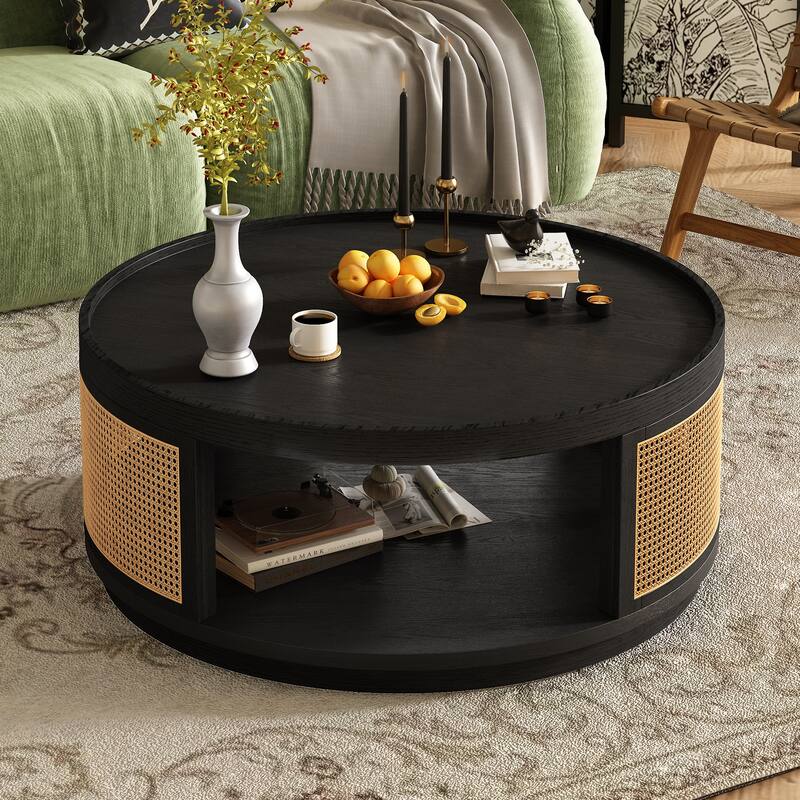 Mid-Century Modern Wooden Coffee Table Round Rattan Coffee Table with PE Rattan Edge, for Living Room, Brown