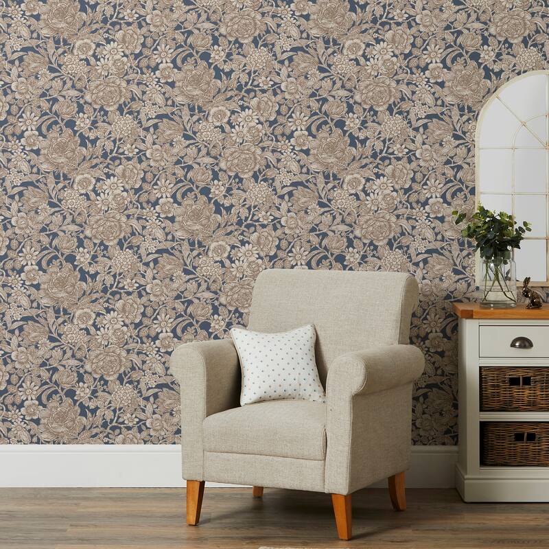 Fine Decor Hedgerow Navy Floral Trails Wallpaper