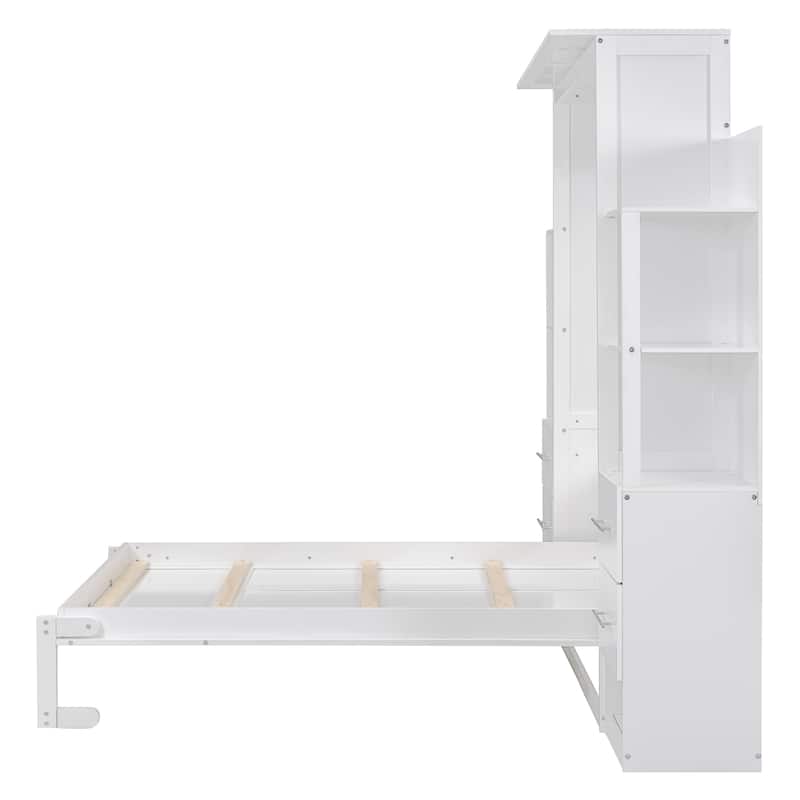 Full Size Murphy Bed Wall Bed with Shelves, Drawers and LED Lights