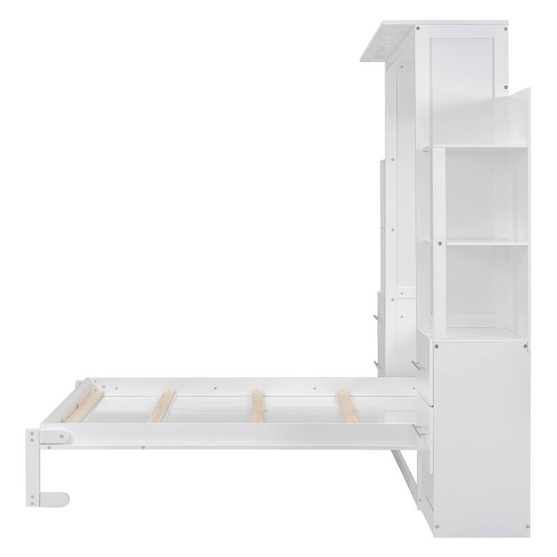 Murphy Bed Foldable Bed with Two 4-Layer Shelves Space Optimizing Wall Bed with 4 Drawers and LED Lights for Bedroom Apartment