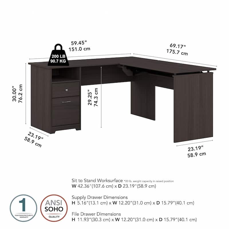 60W 3-position L-shaped Sit to Stand Desk by Bush Furniture