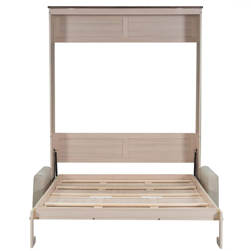 Roomfitters Queen Murphy Bed with Foldable Sofa and LED Lights, Space Saving, Beige