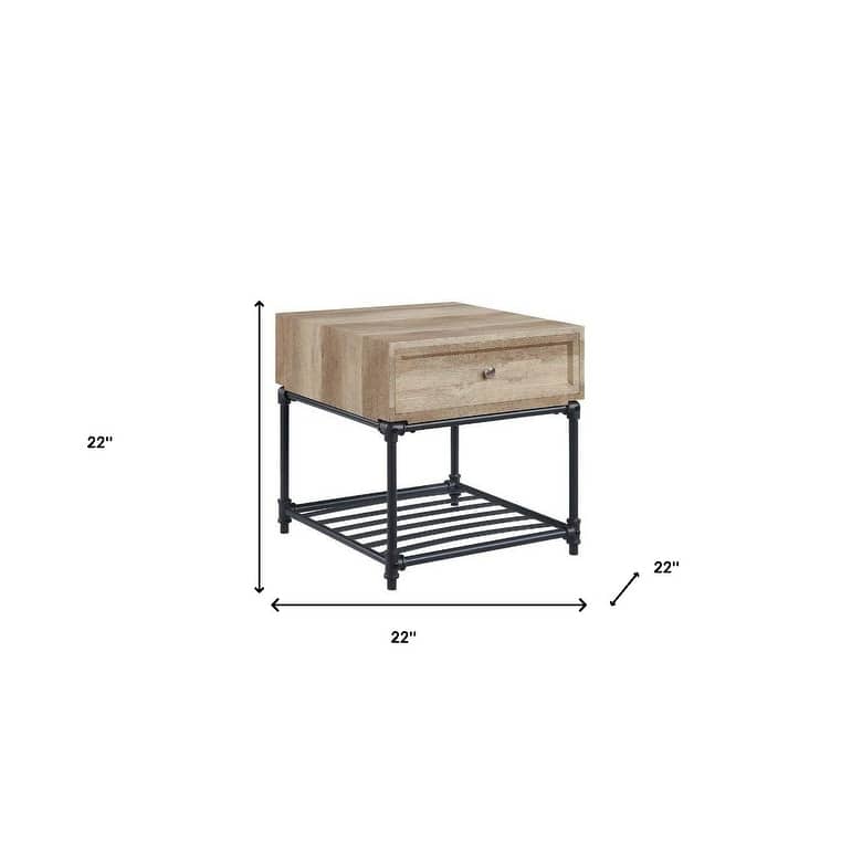 HomeRoots 22" Sandy Black And Oak Manufactured Wood And Metal Square End Table With Drawer And Shelf - 22' X '22' X '22