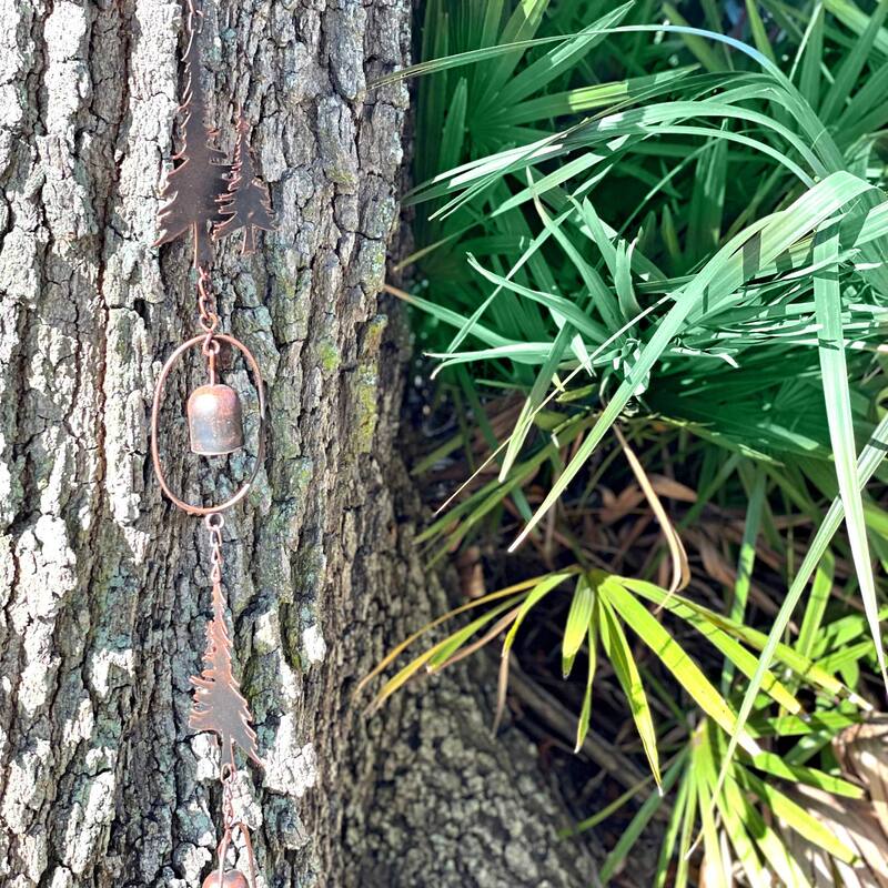 70" Metal Rain Chain - Forest Trees & Zen Bells, Aged Bronze, 3.25" - 3.25 X 70 X 0.25 inches