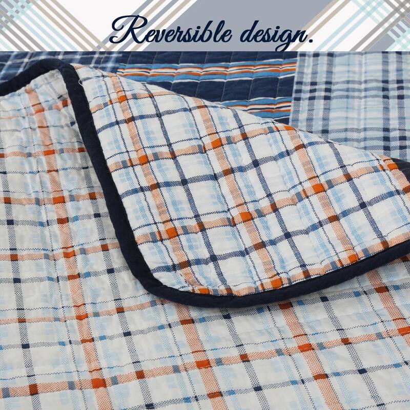 Cozy Line Navy Orange Stripe Reversible Cotton Quilt Bedding Set