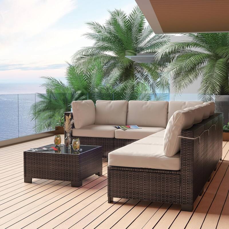 7-Piece Patio Conversation Sofa Set with Cushions and Glass Top Coffee Table