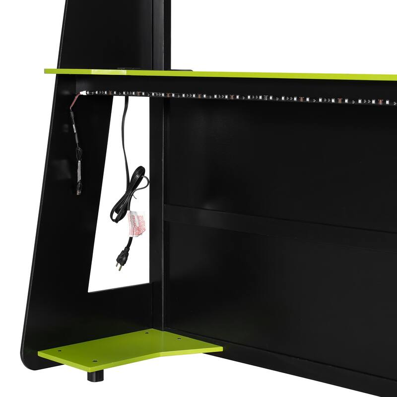 Full Size Gaming Loft Bed Station with Desk, Storage Shelves & RGB LED Lights