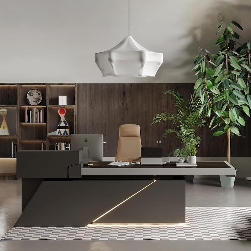 Black L Shaped Office Industrial Executive Desk with Cable Box Socket and LED Light