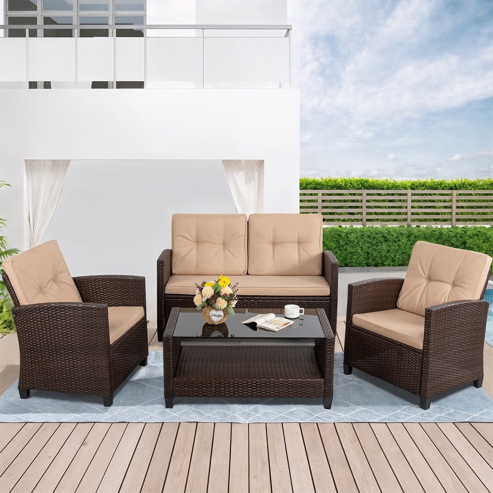 Outdoor 4-Piece Wicker Patio Conversation Sofa Set - N/A