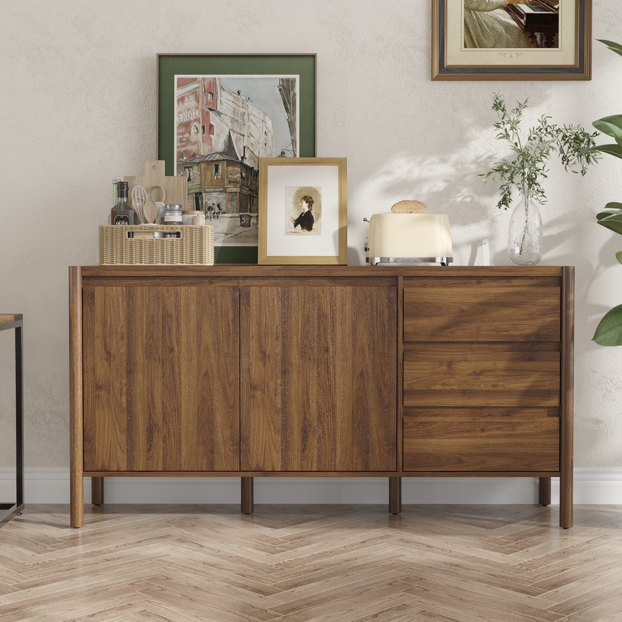 Wooden Living Room Storage Organizer,TV Stand Cabinet with 2 Doors & 3 Drawers,Mid-Century