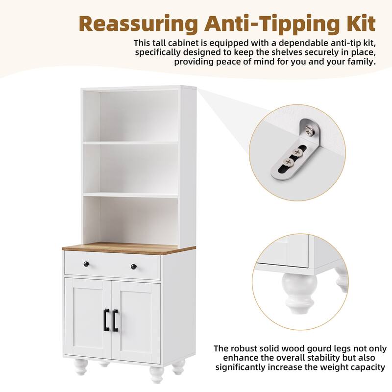 Storage Cabinet with 4 Gourd-Shaped Legs,Kitchen Pantry Cabinet with Adjustable Shelves,5 Tier Bookshelf with Drawer
