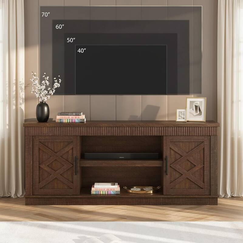 Fluted TV Stand, with 2 Door &Open Storage Shelf
