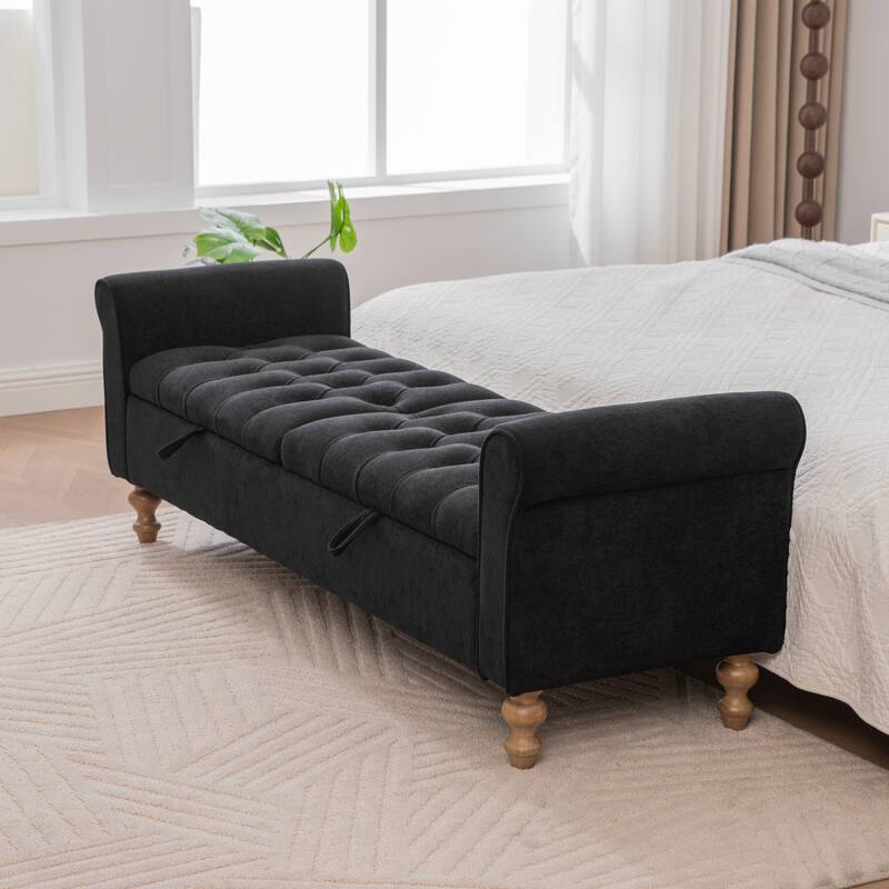 65.7"W Tufted Upholstered Storage Bench With Double Lids,Rubberwood Legs
