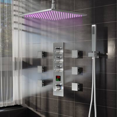 LED Thermostatic Shower Faucet System 12" Ceiling Rainrfall Shower Head 4 Way Digital Display Valve w/ 6 Body Jets