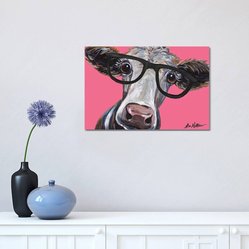 iCanvas "Cora The Cow With Glasses On Pink" by Hippie Hound Studios Canvas Print - 12x18x1.5