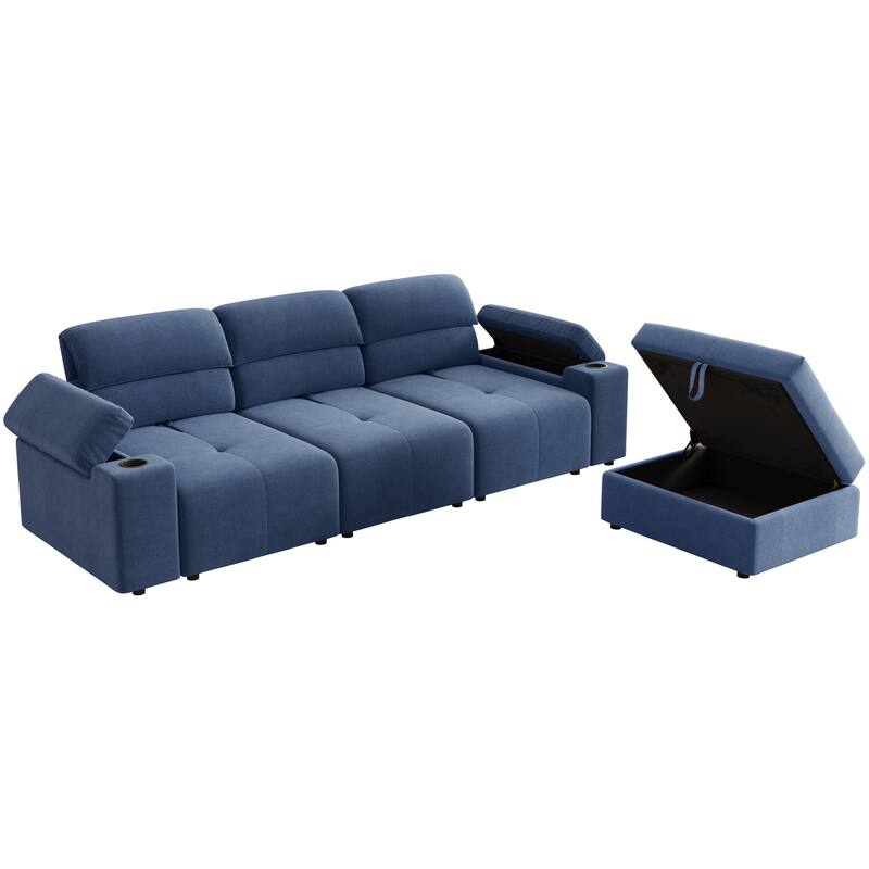 Down Filling Modular Deep Seat Couch L-shaped Sectional Sofa with Adjustable Backrest, Cup Holders, Storage Armrests and Ottoman