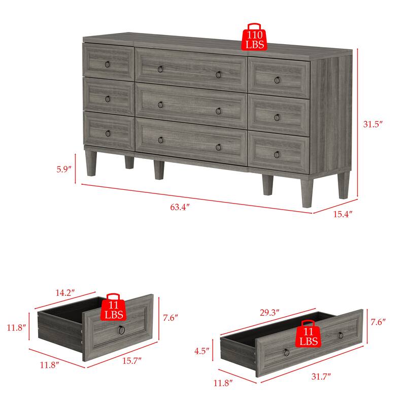 63.4" Wide 9 Drawer Dresser, Modern Light Wood Bedroom Dresser with Solid Legs for Storage