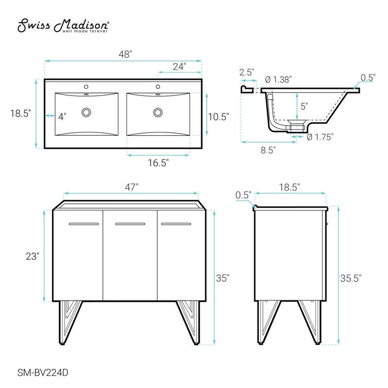 Swiss Madison SM-BV224D Annecy 48" Free Standing Double Basin Vanity