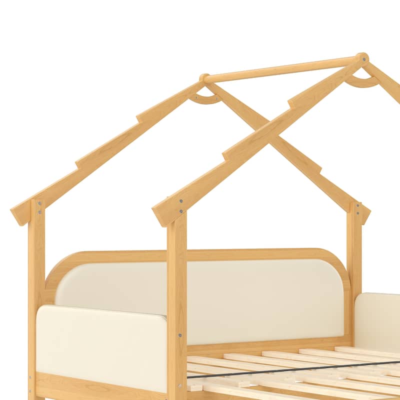 Twin Wood Treehouse Bed with Soft Cushion Rails for Kids & Teens