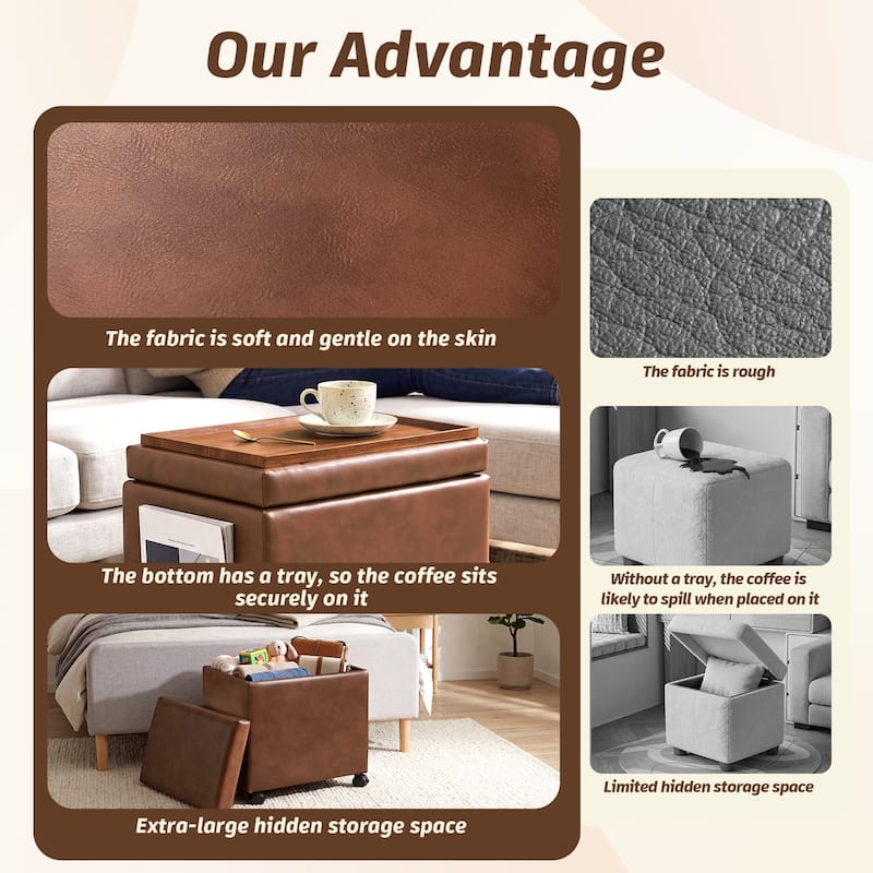 Adeco 16" W Upholstered Rectangle Storage Ottoman with Tray and Pocket