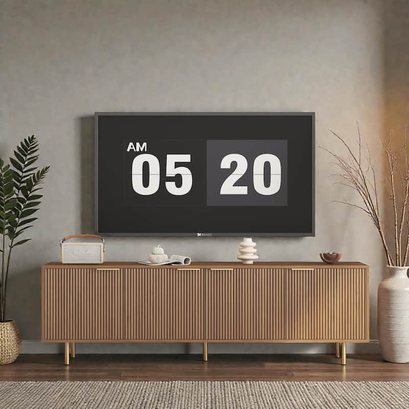 68'' Modern Fluted Wood TV Stand, Media Console with Storage Doors and Gold Legs, Entertainment Center for 55+ Inch TVs - Brown