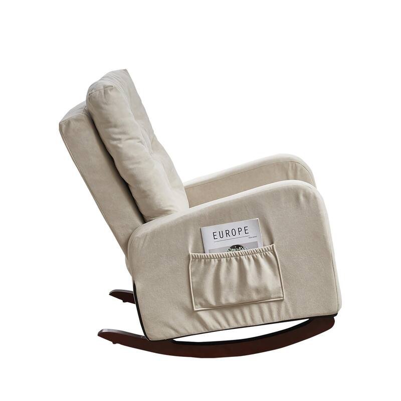 Beige Adjustable Recliner for Balcony or Tatami, with High Back Design, Solid Wood Legs, and Side Storage Pockets