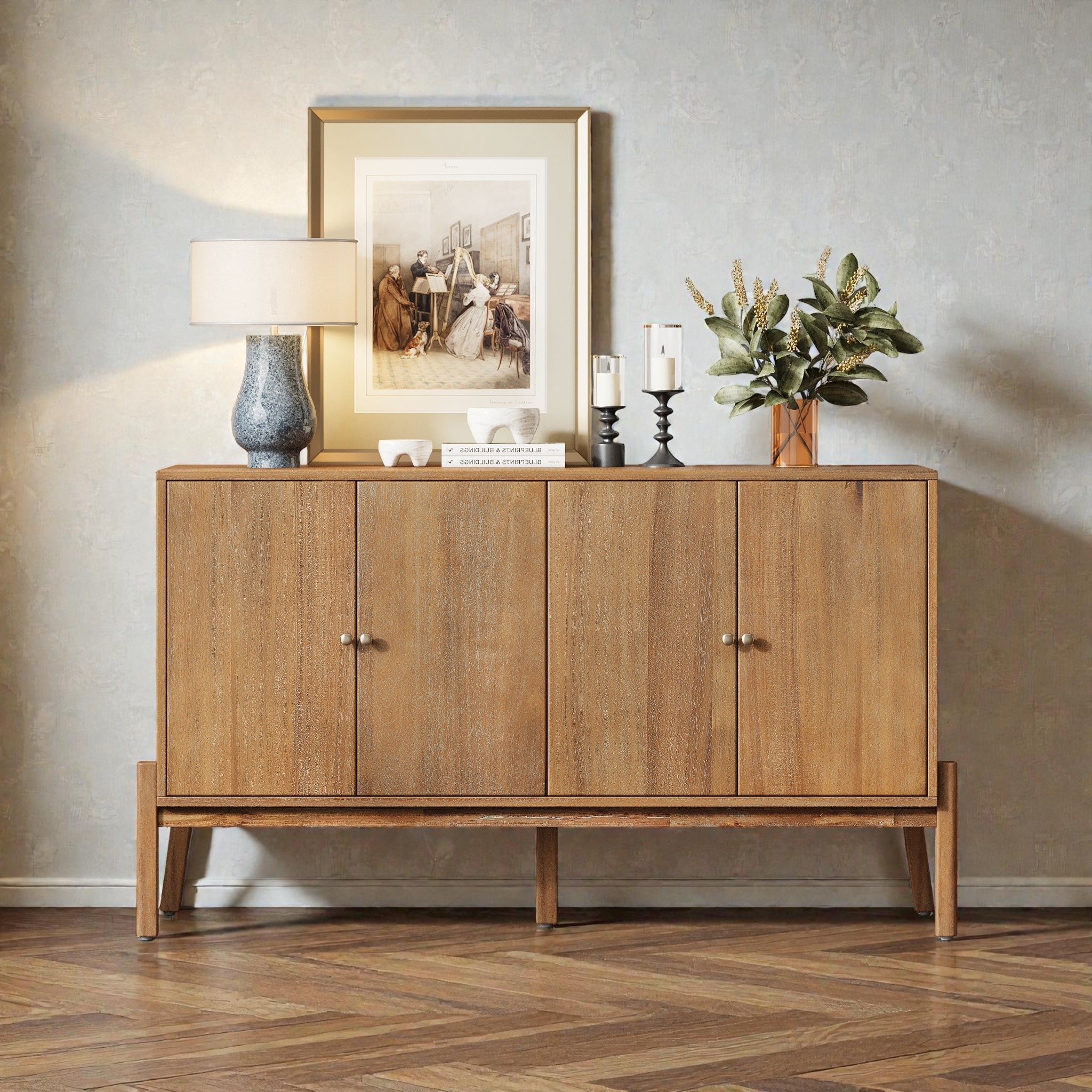 Vintage Sideboard Buffet Cabinet, 60" 4-Door Storage Cabinet with Metal Handles, MDF and Acacia Veneer