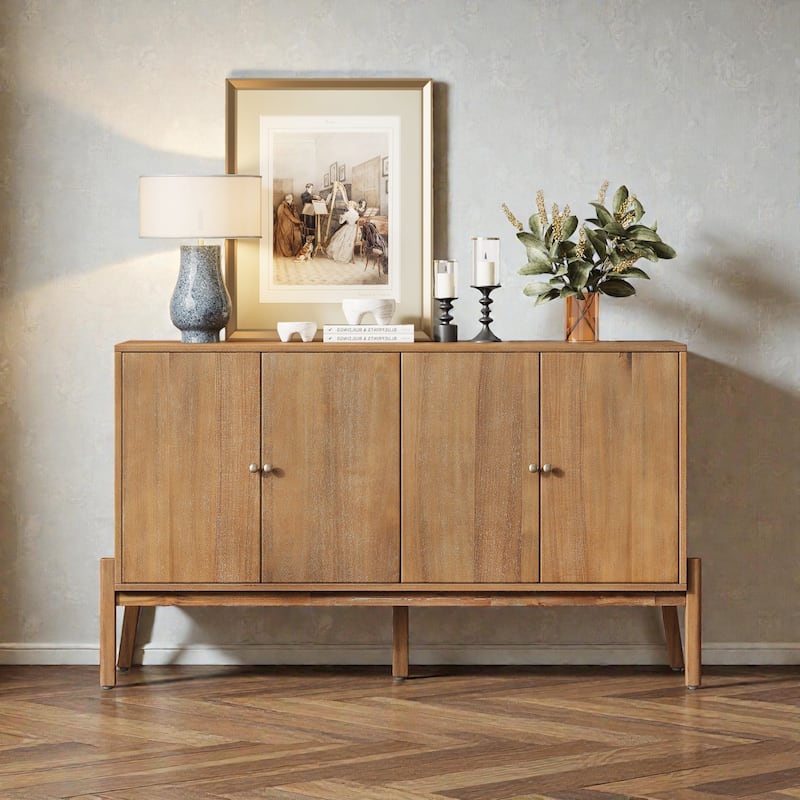 Vintage Sideboard Buffet Cabinet, 60" 4-Door Storage Cabinet with Metal Handles, MDF and Acacia Veneer - Natural