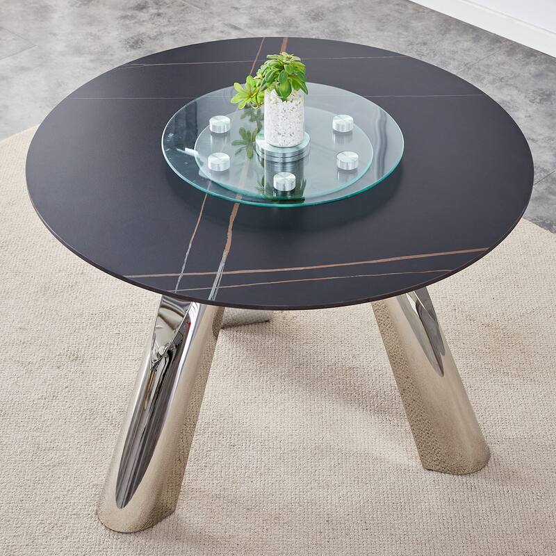 42" Luxury Sintered Stone Table 0.45" Durable Top 6" Steel Legs,350lb Capacity,Stain/Heat-Resistant Black Veined Surface
